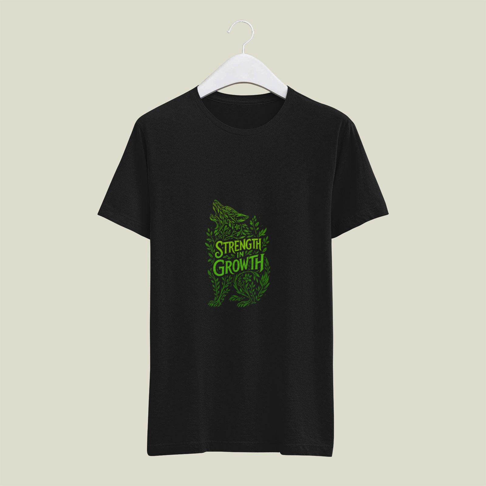 Men’s Black 180 GSM Cotton Tee – Strength in Growth Wolf Design