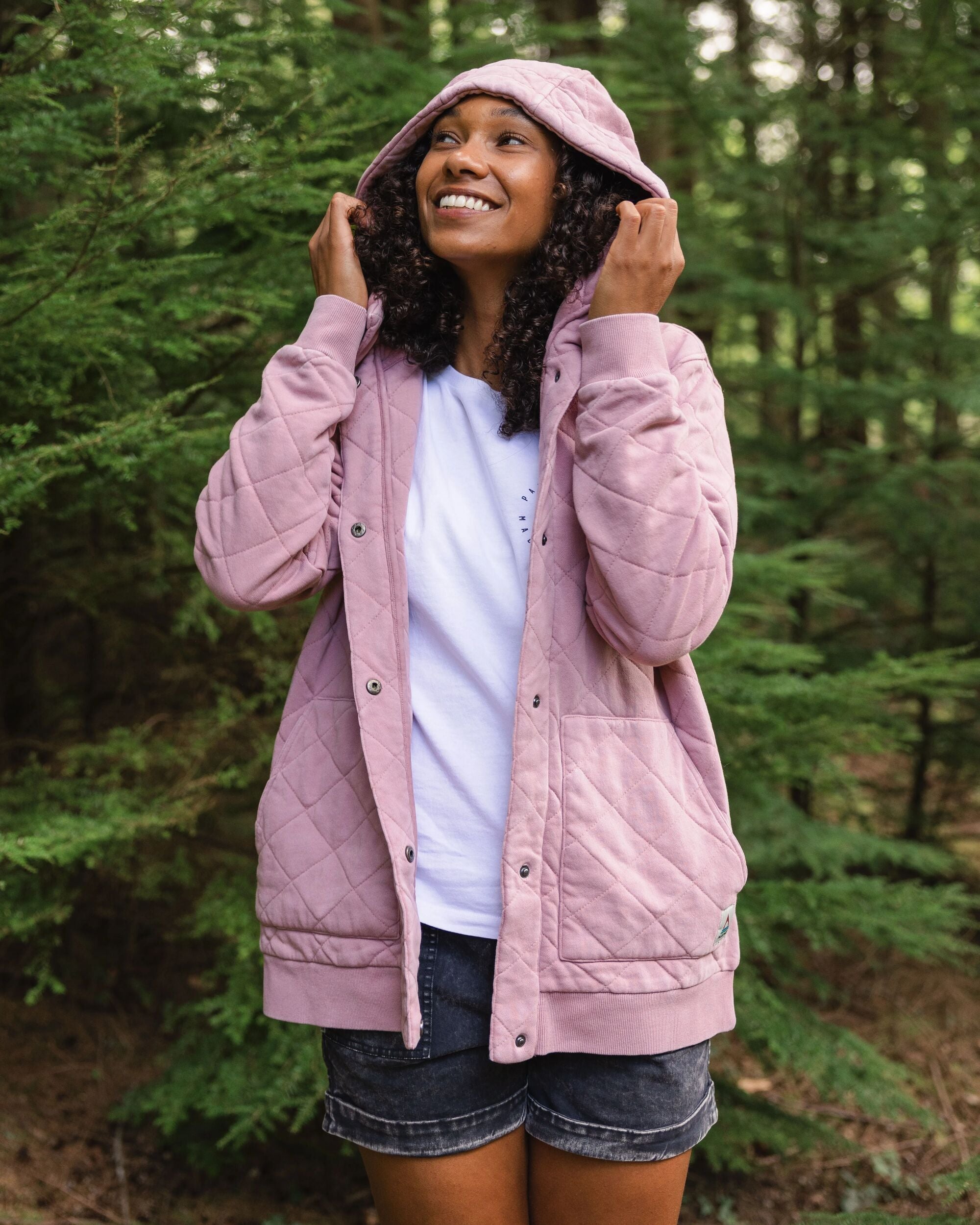 Clementine Recycled Quilted Popper Up Hoodie - Pink Haze