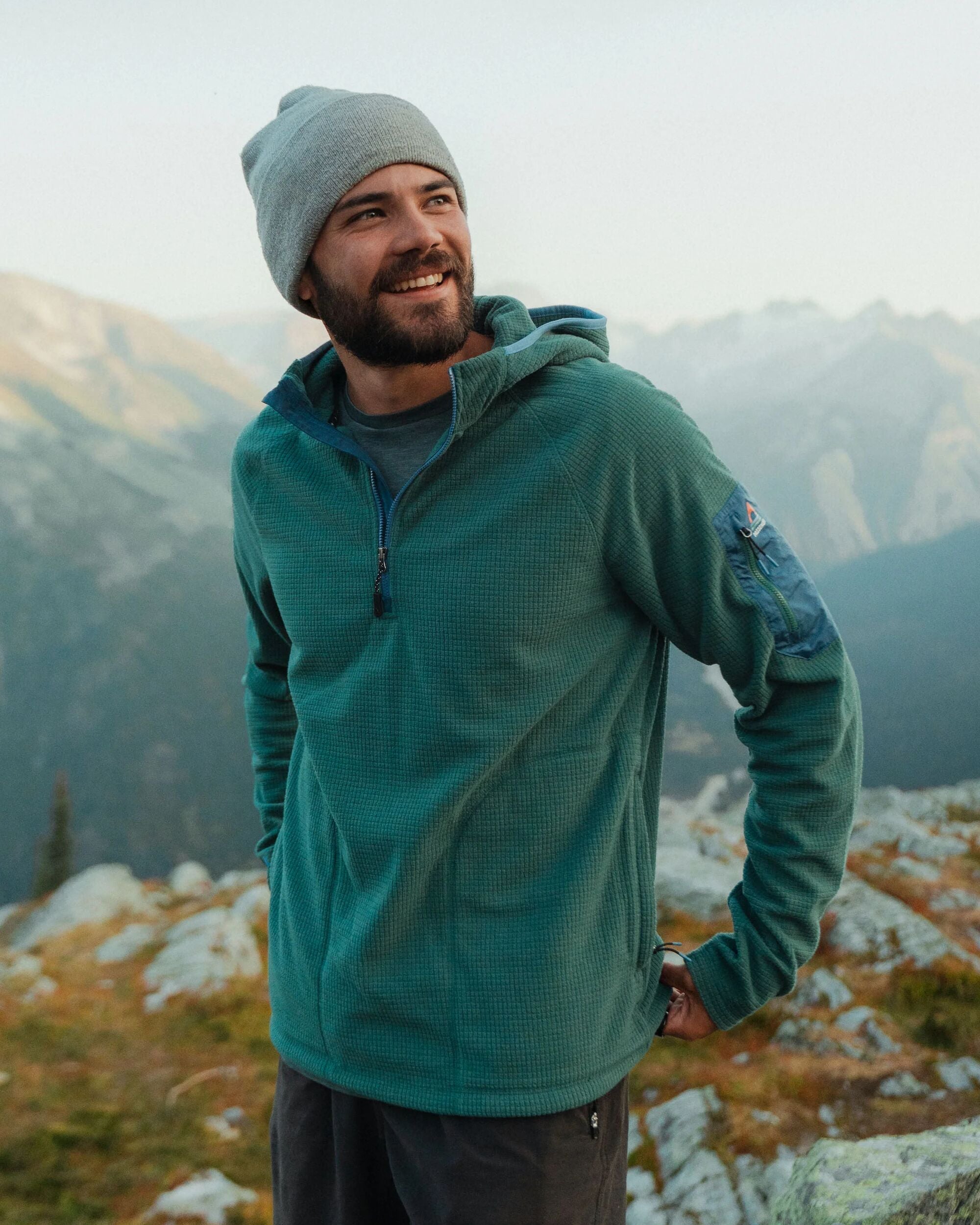Forestscape Recycled Grid Fleece Hoodie - Deep Ocean