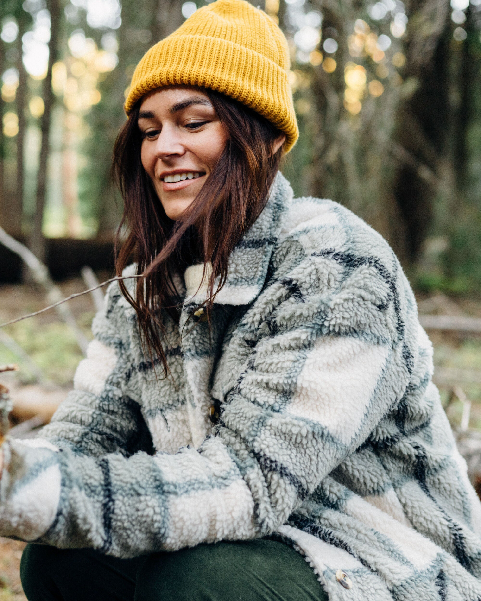 Cloudy Recycled Sherpa Fleece Shirt - Pistachio Check