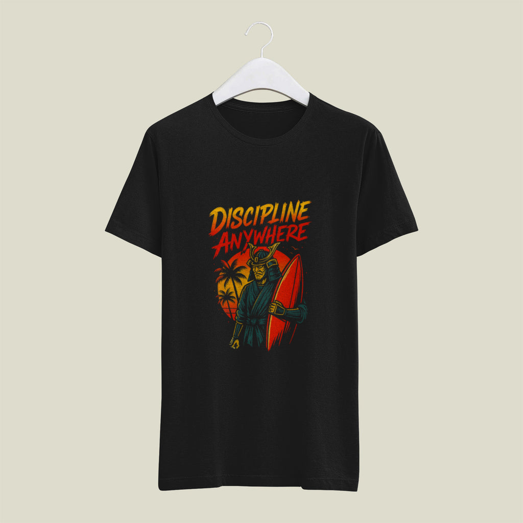Samurai Surfboard Sunset Graphic Tee – Men’s Black 180 GSM Cotton