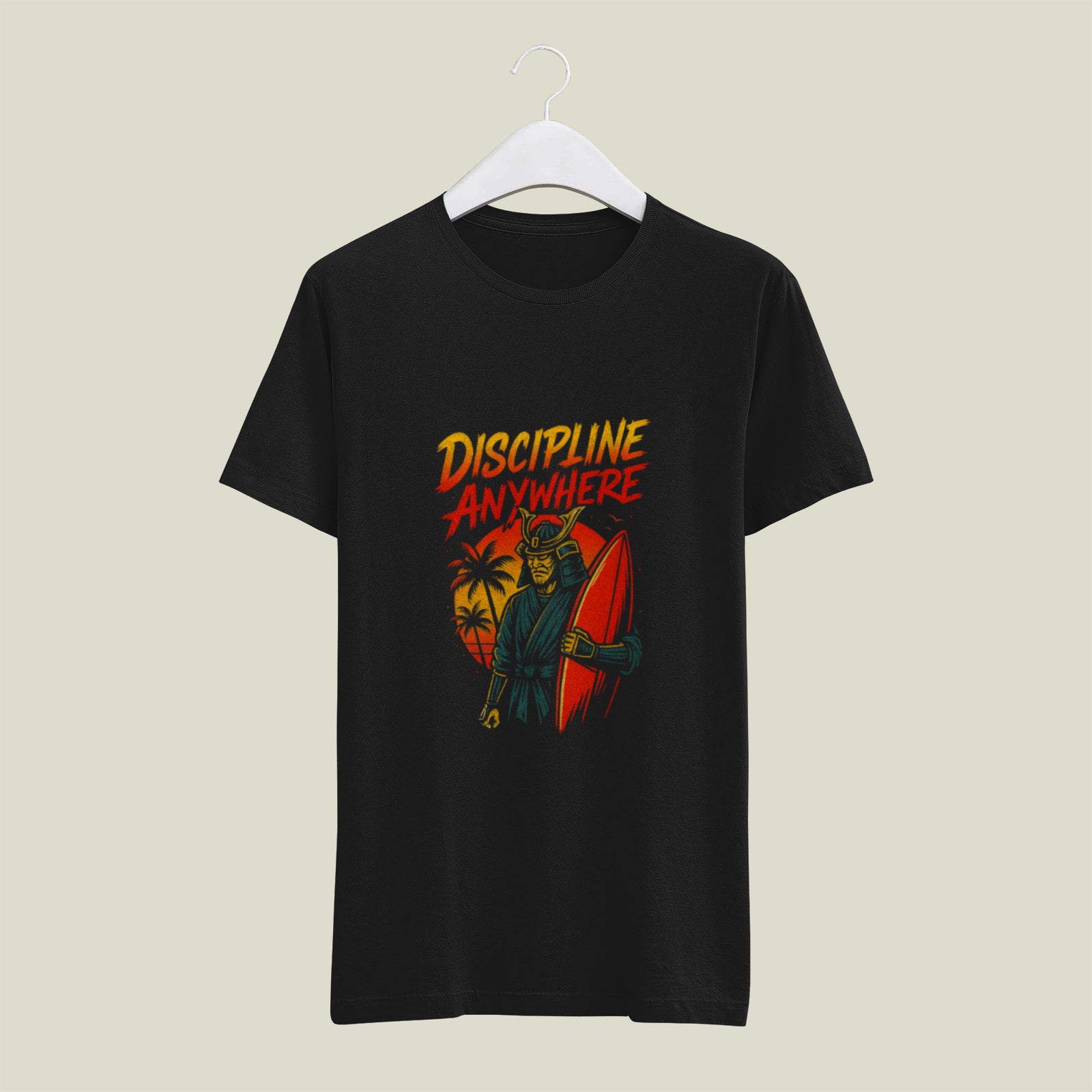 Samurai Surfboard Sunset Graphic Tee – Men’s Black 180 GSM Cotton