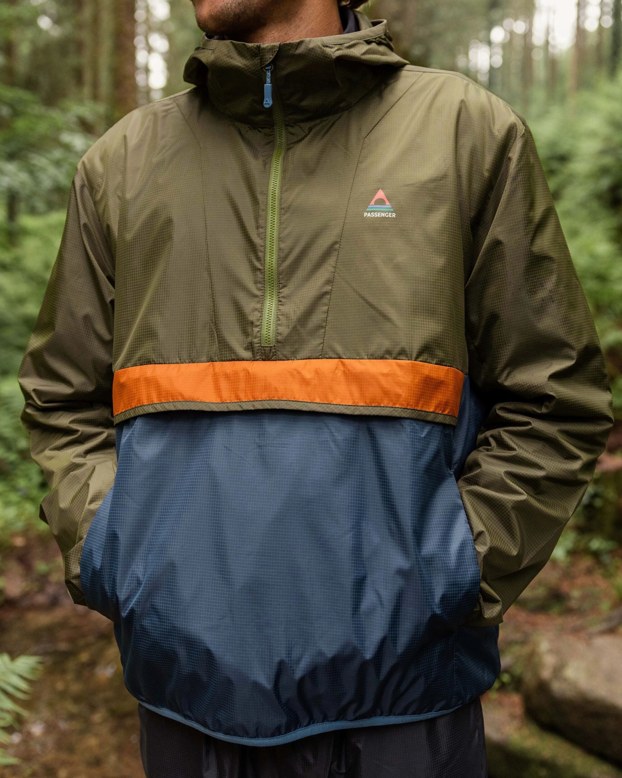 Gusto Recycled Windshell Anorak - Khaki/Dark Denim