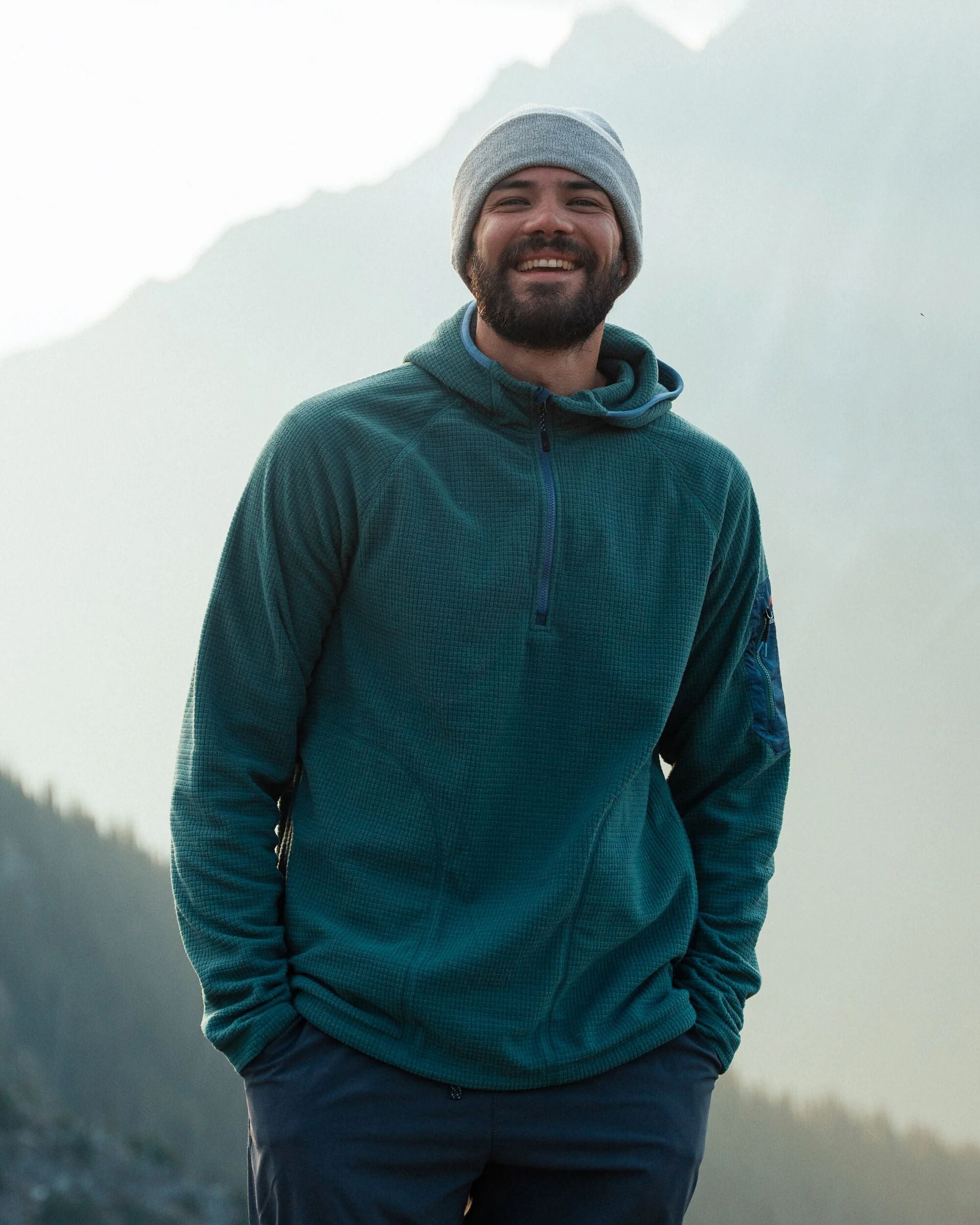 Forestscape Recycled Grid Fleece Hoodie - Deep Ocean