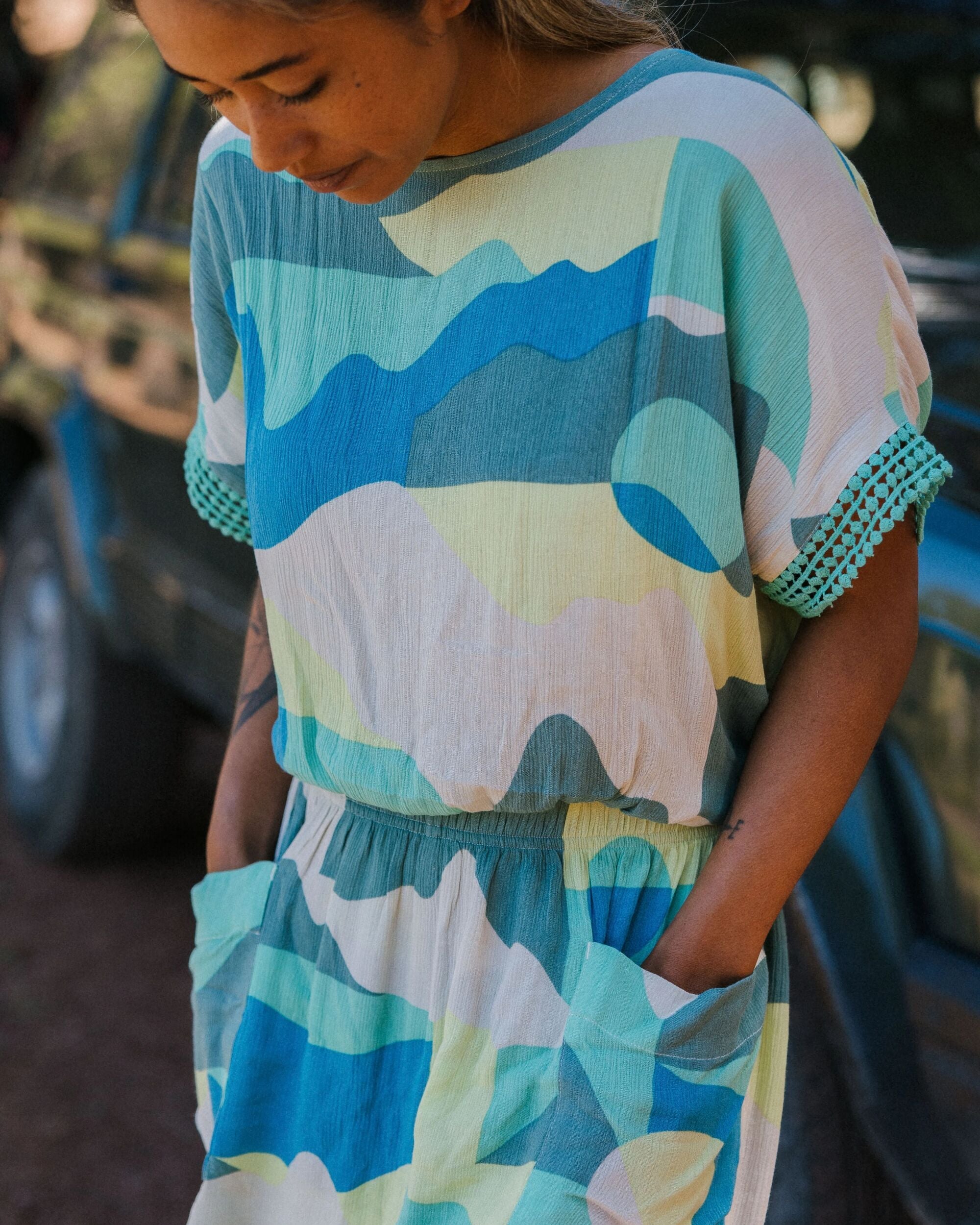 Clarity Short Skort Dress - Vista Patchwork Aqua