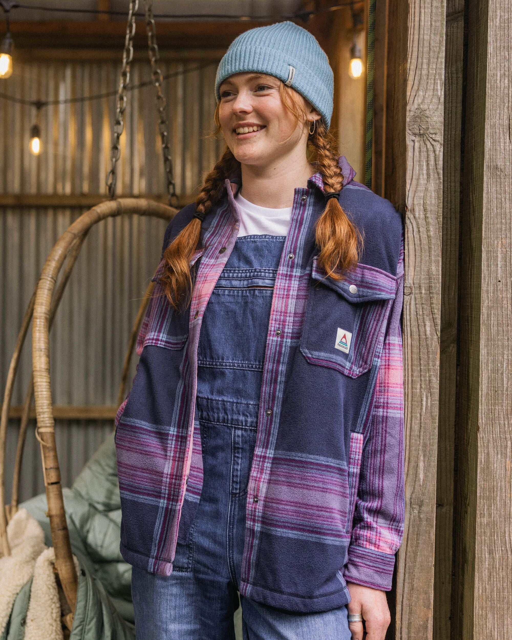 East Recycled Polar Fleece Shirt - Rich Navy/Pink Haze Check