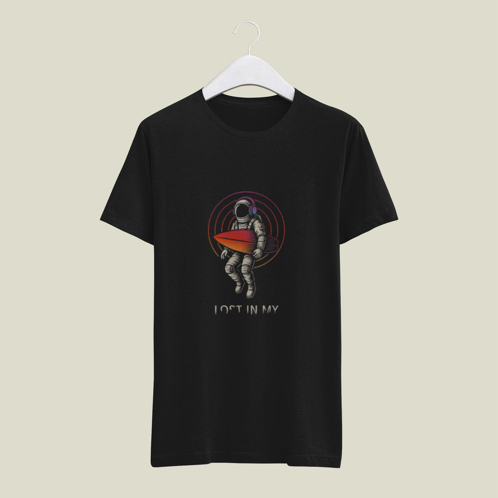 Lost in My Astronaut Surfboard Tee – Men’s Black 180 GSM Cotton