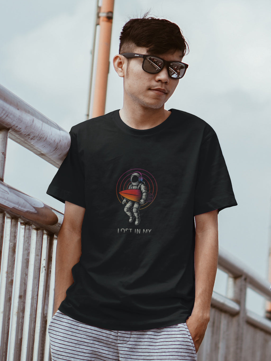 Lost in My Astronaut Surfboard Tee – Men’s Black 180 GSM Cotton