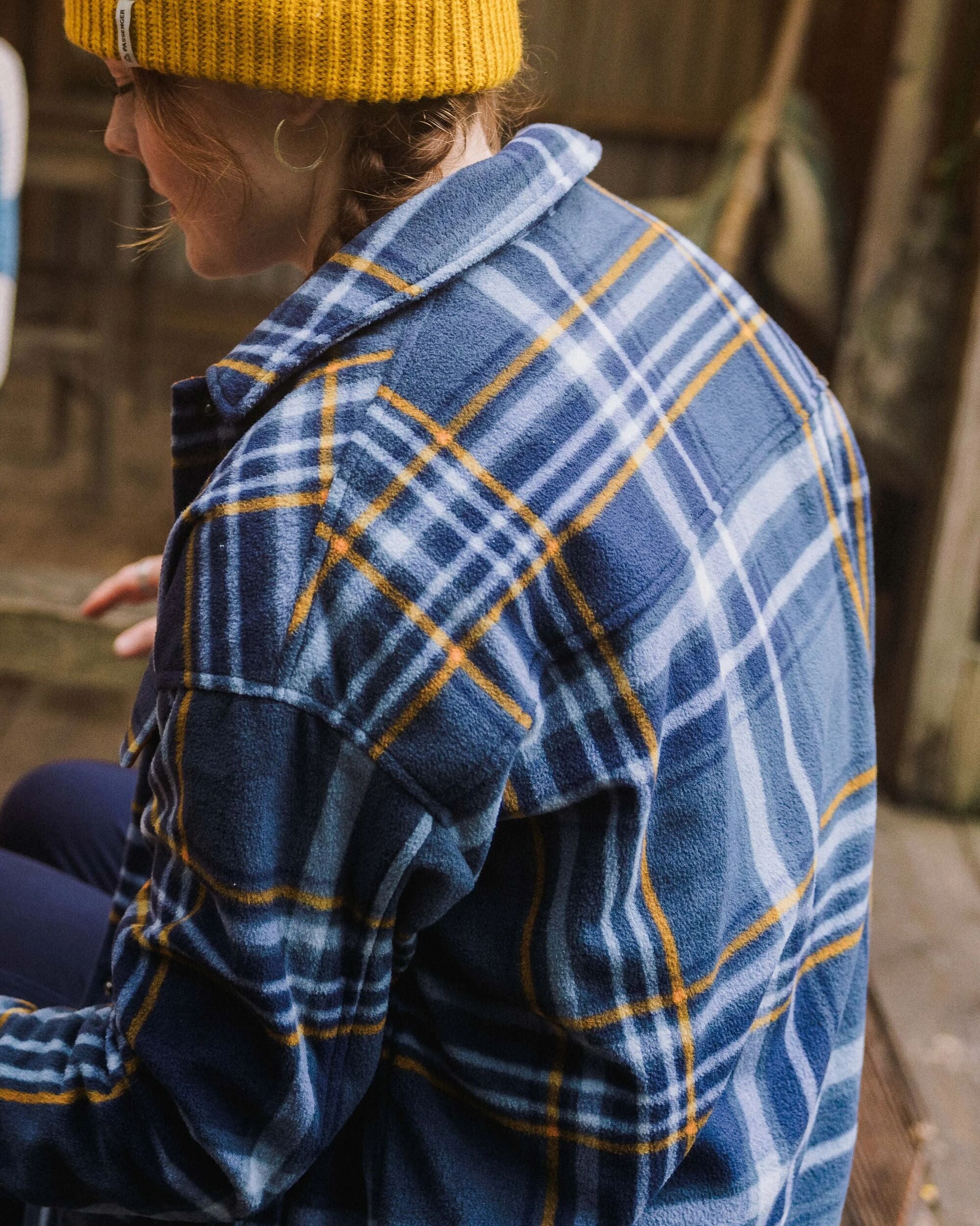 East Recycled Polar Fleece Shirt - Rich Navy/Faded Denim Check