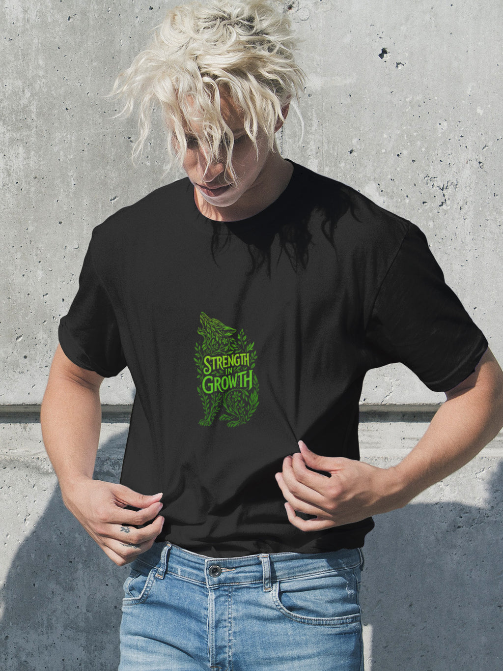 Men’s Black 180 GSM Cotton Tee – Strength in Growth Wolf Design
