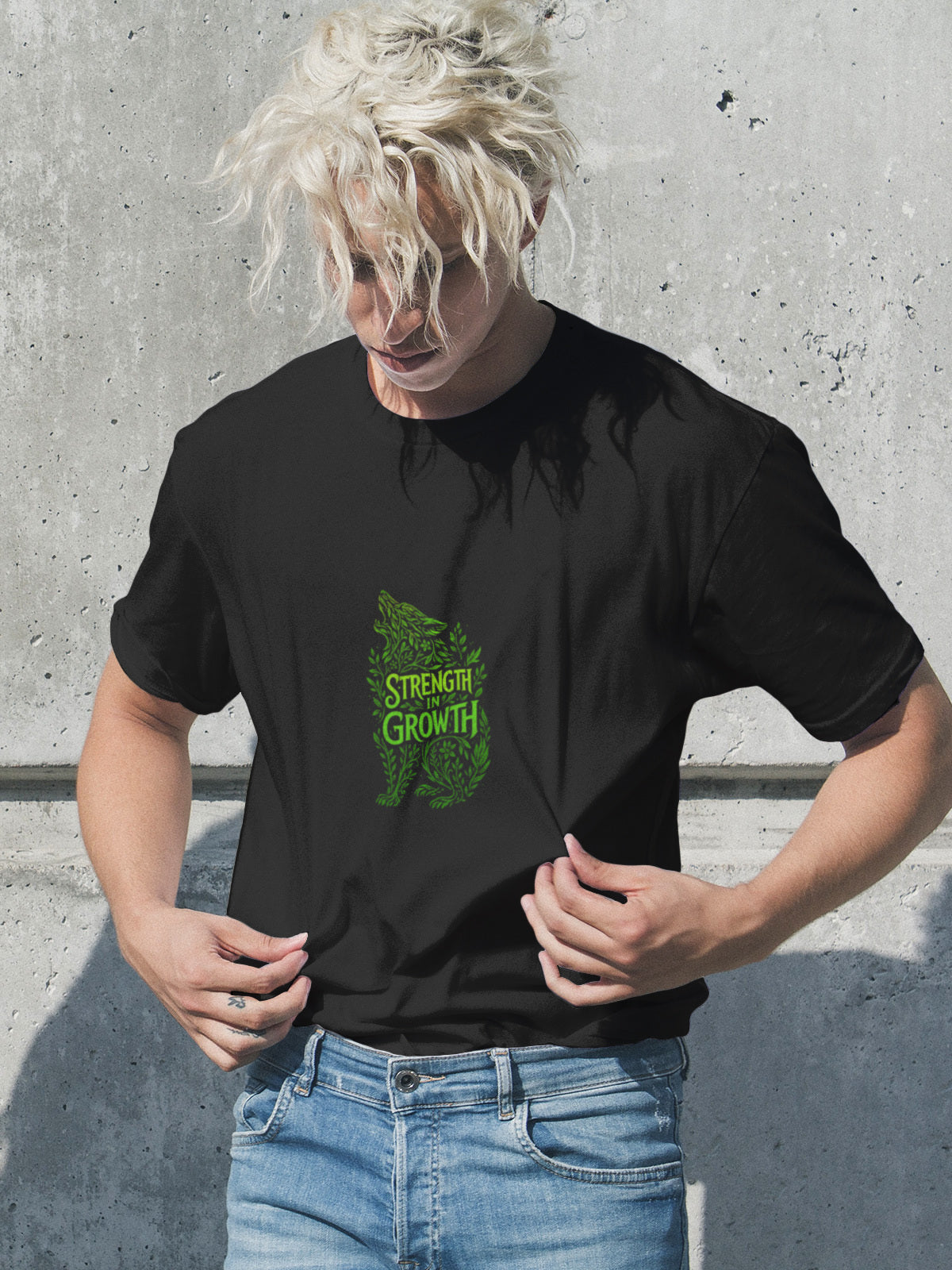 Men’s Black 180 GSM Cotton Tee – Strength in Growth Wolf Design