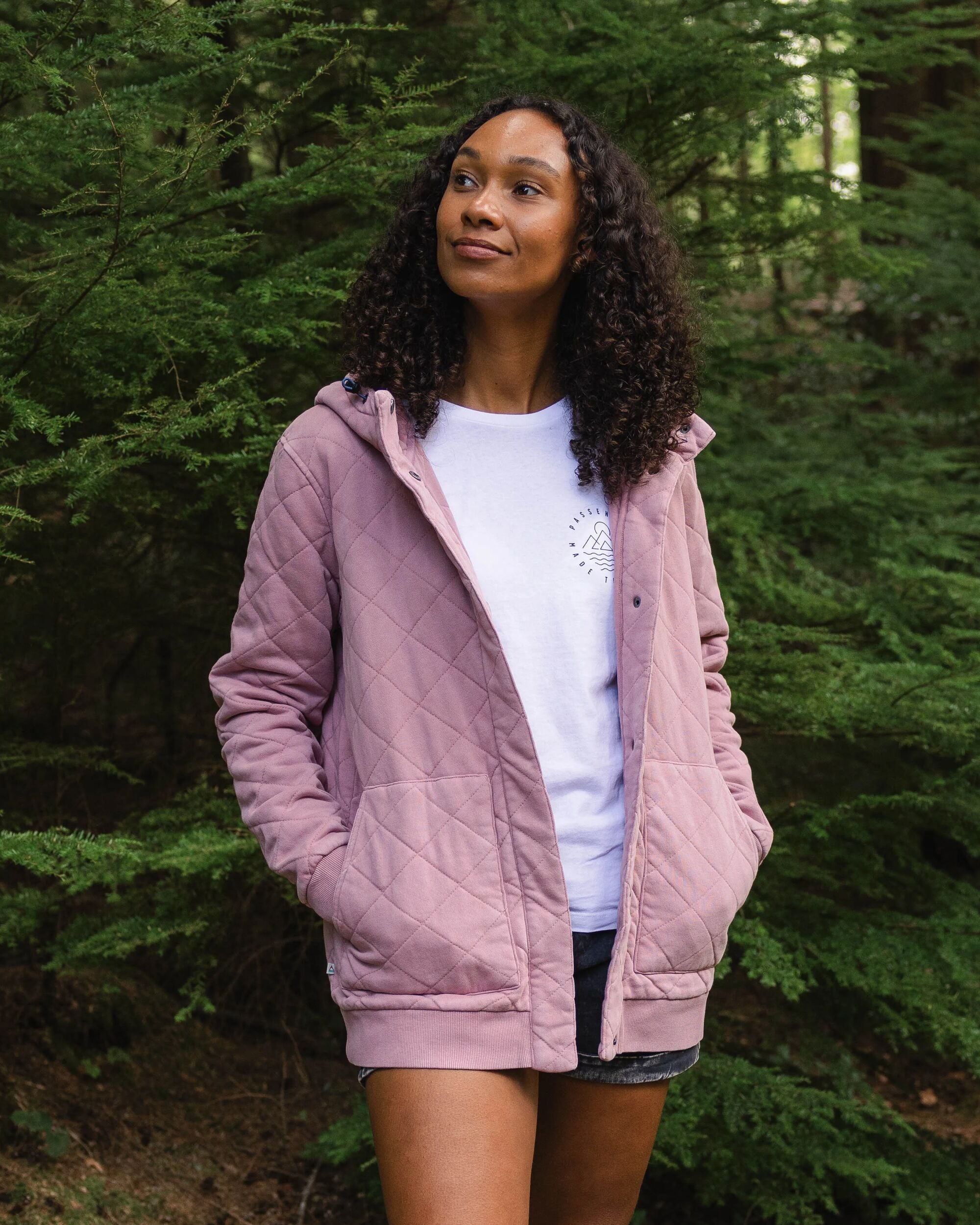 Clementine Recycled Quilted Popper Up Hoodie - Pink Haze