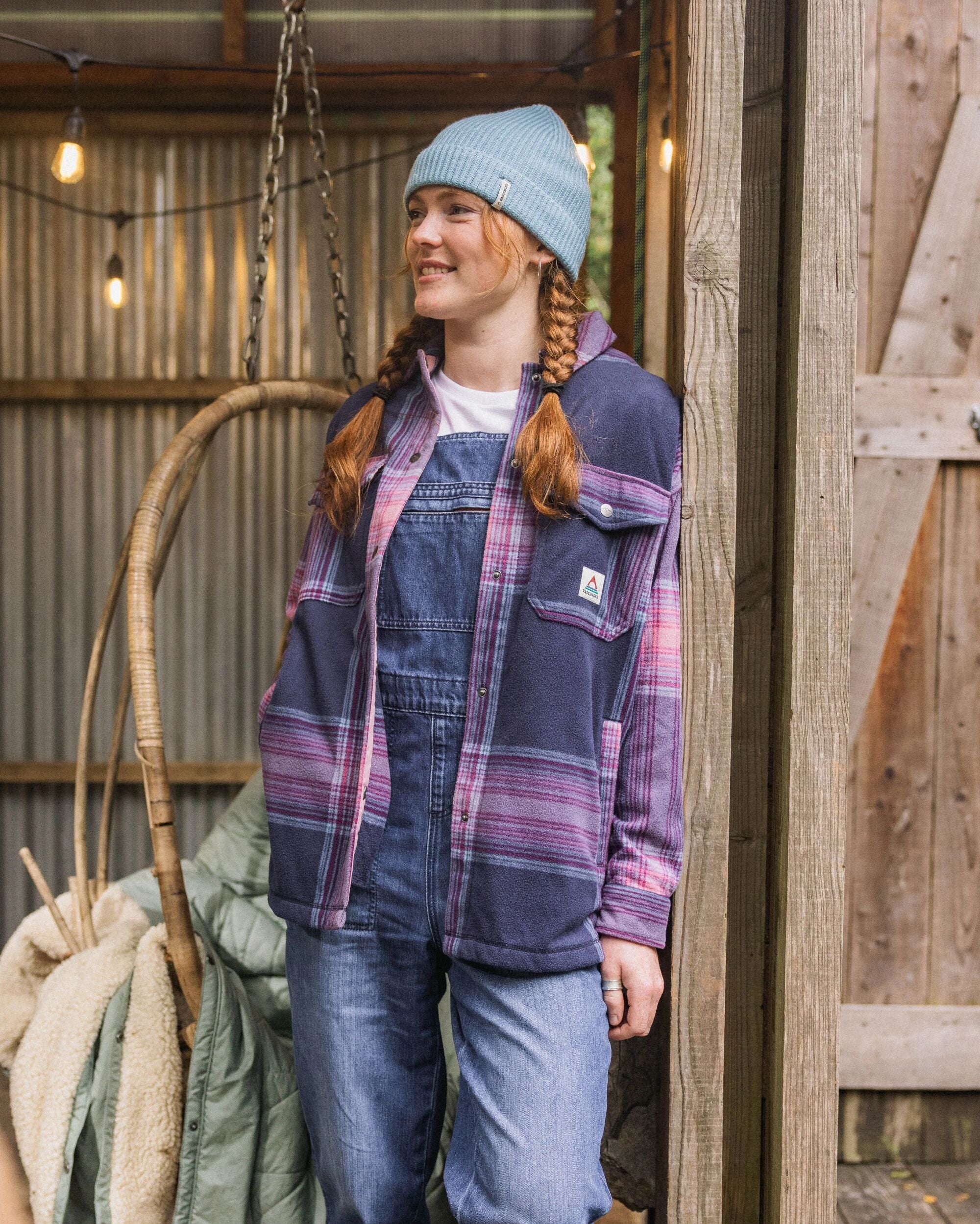 East Recycled Polar Fleece Shirt - Rich Navy/Pink Haze Check