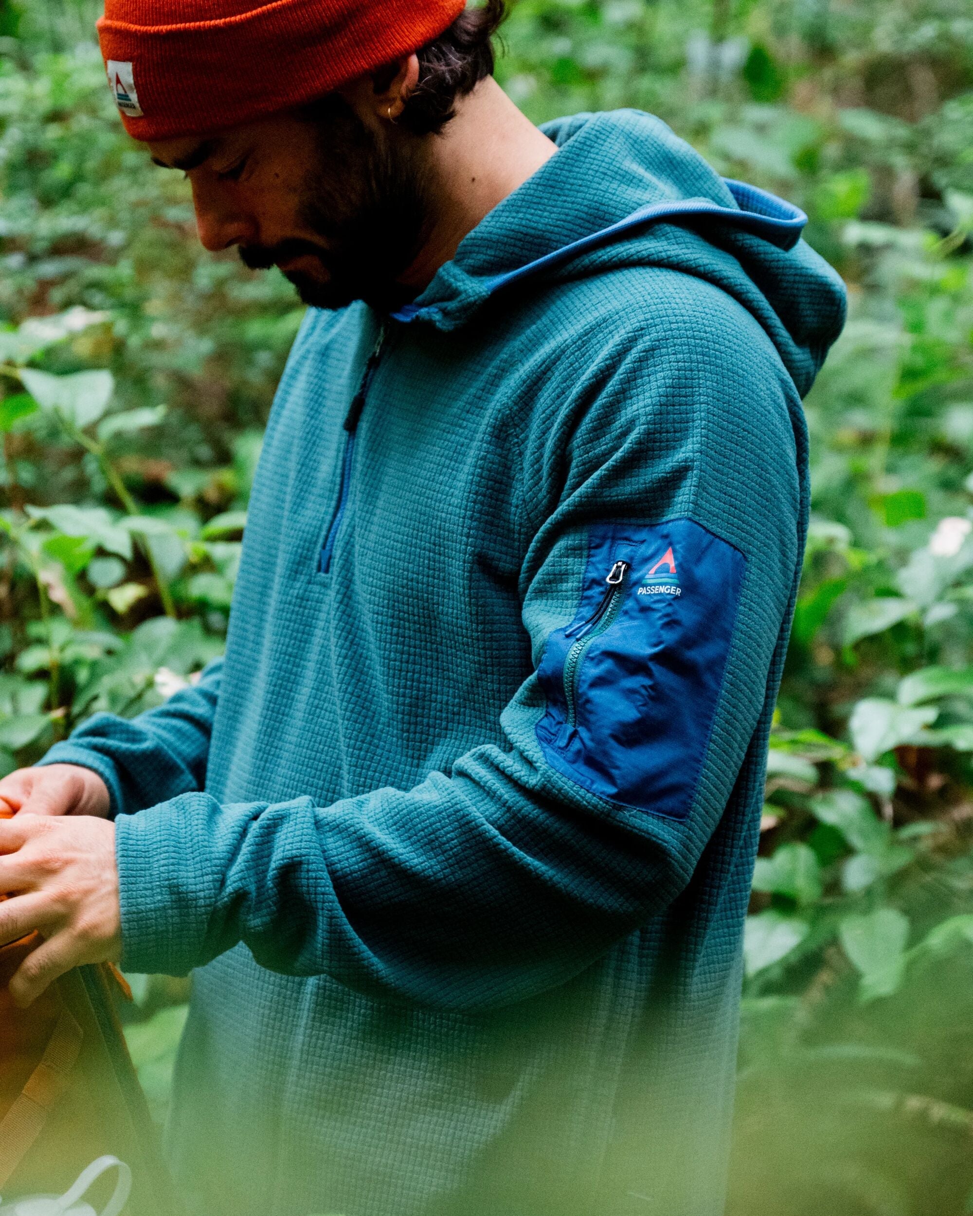 Forestscape Recycled Grid Fleece Hoodie - Deep Ocean